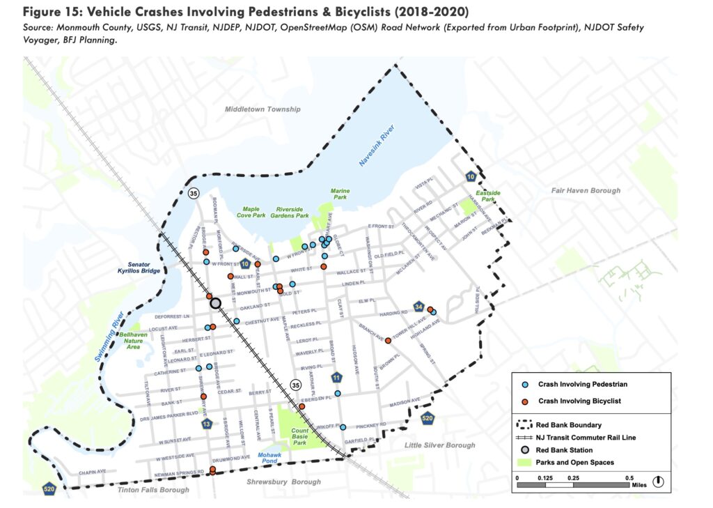 Pedestrian cyclist crashes map red bank master plan 2023